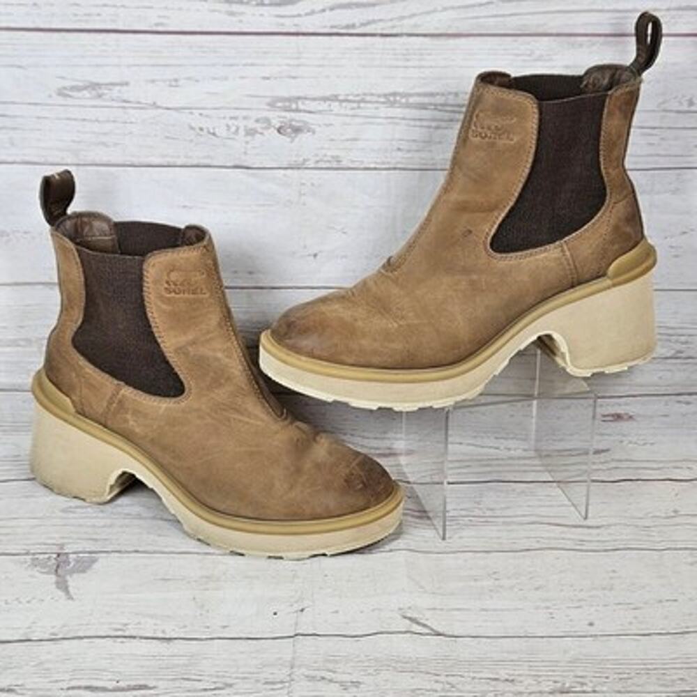 SOREL Hi-line Chelsea Boots Women's Tan Leather US 9 Platform Block Heel Ankle